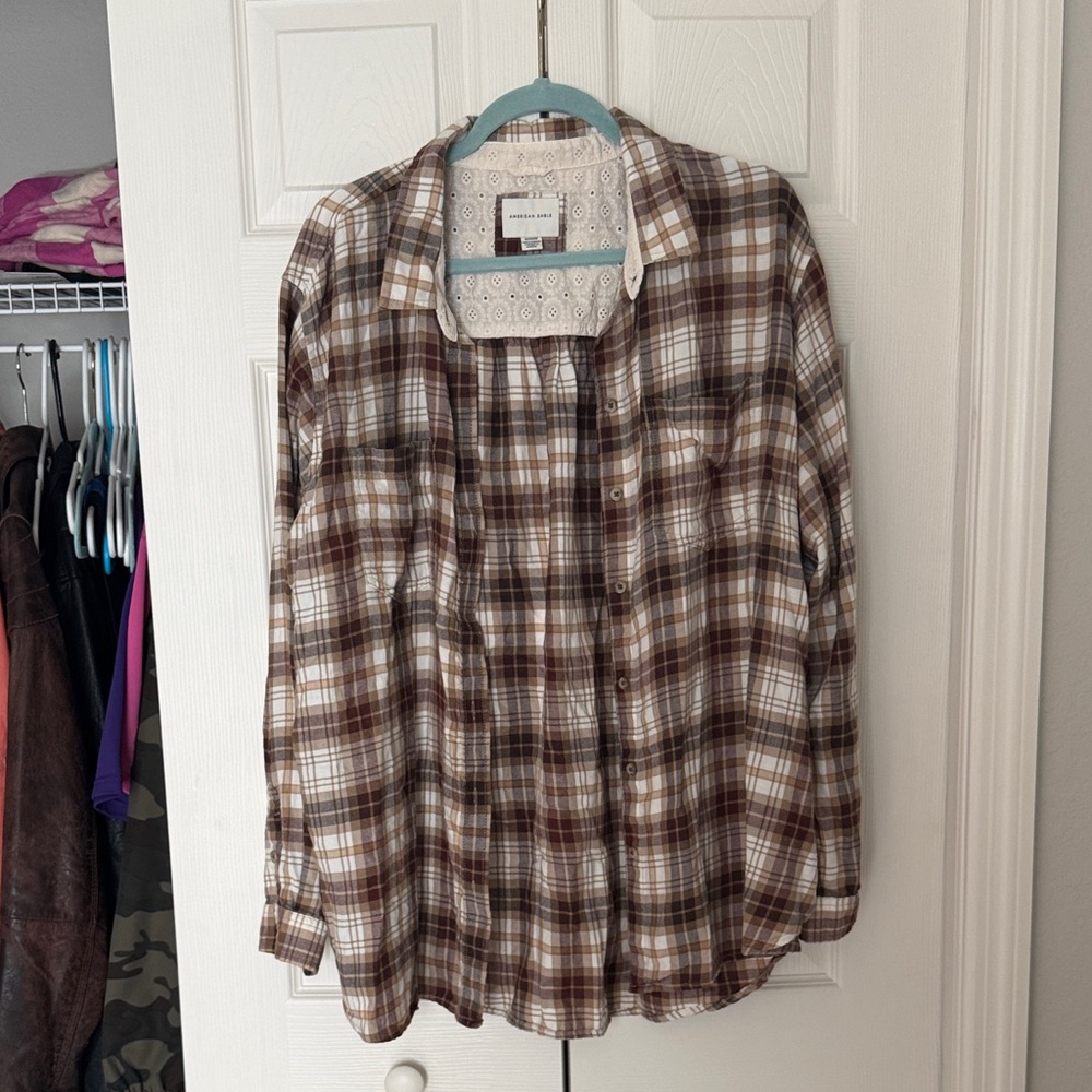 American Eagle Outfitters Brown and White Plaid Shirt
